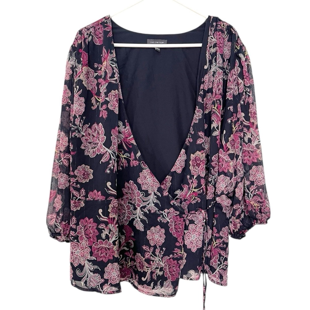 The Limited 2X Navy‎ Blue Floral Wrap Blouse Metallic Accents Boho Romantic